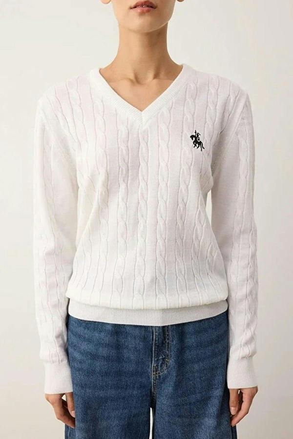 WOVCOR Horse Embroidered V-Neck Cable Knit Sweater