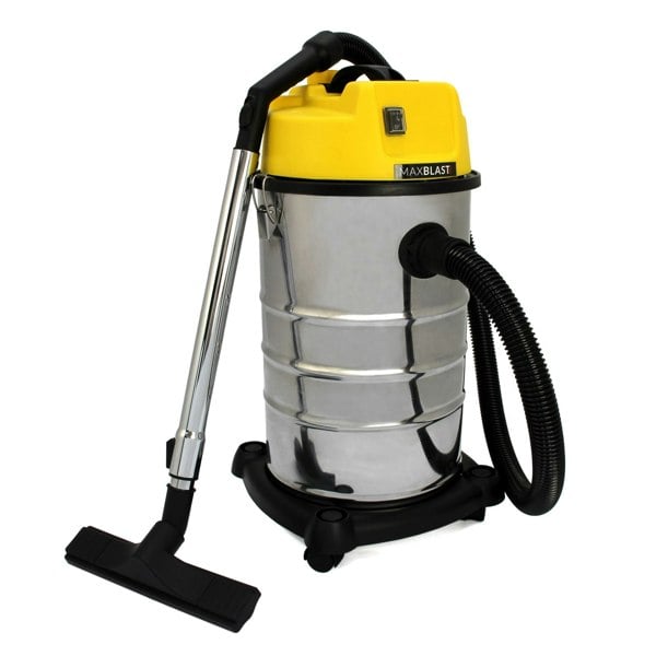 MAXBLAST 30L Industrial Vacuum Cleaner with a shiny stainless steel body, yellow top, flexible hose, and sturdy black wheels