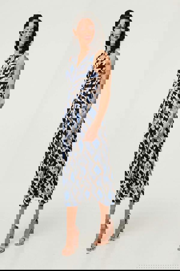 Navy | Printed Sleeveless Twist Midi Dress
