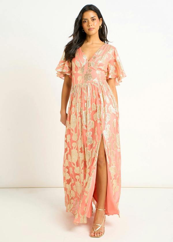 Gini London Pink Metallic Jacquard Flutter Sleeves Floral Maxi Dress