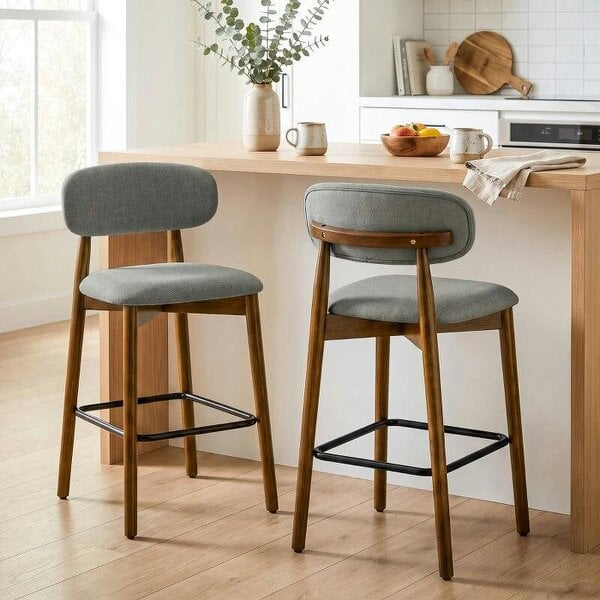 Bar Stools Curved Open Back Padded Seat Footrest Set of 2 for Kitchen Grey