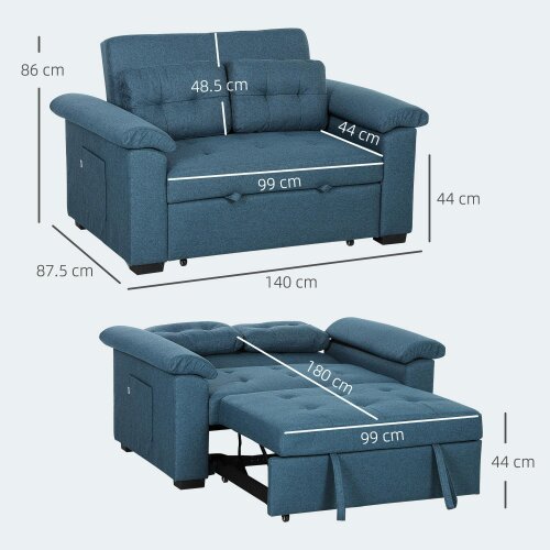 Wyld Haus Nomo Cori Fabric Blue 2 Seater Click Clack Sofa Bed With Side Pockets And Cushions