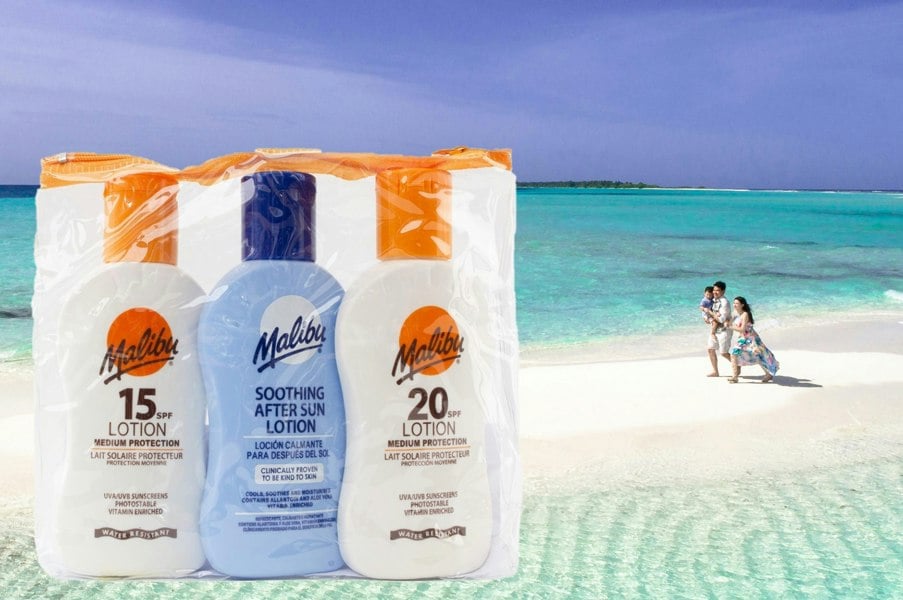 Malibu Sun Travel Essentials with Suncream Protection and Soothing Aftersun Lotion, Water Resistant, SPF 15 and 20, Multipack, 3 x 100ml