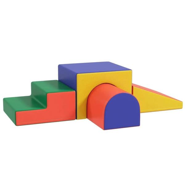 Multi-piece foam toddler play set with red, yellow, blue, and green padded blocks