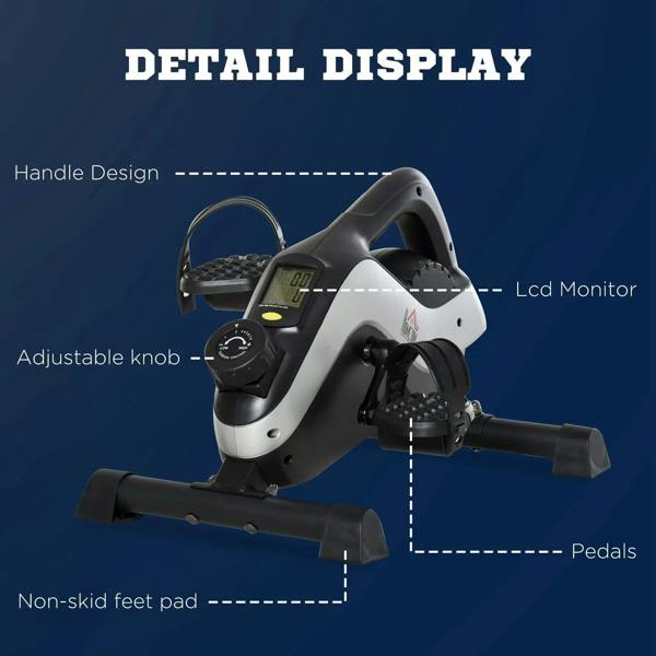Black mini pedal exerciser showing handle design, LCD, adjustable knob, pedals, and feet