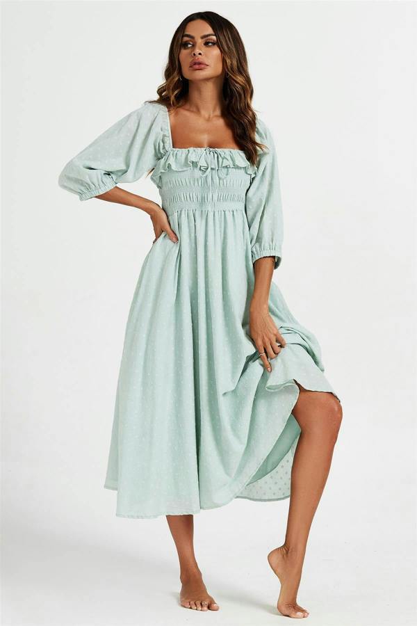 FS Collection Frill Detail Square Neckline Midi Dress In Light Green