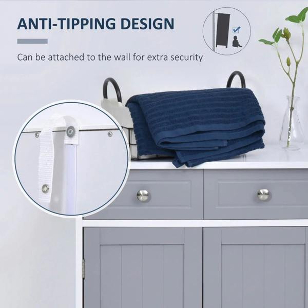 Bathroom cabinet top with two drawers and anti-tipping bracket detail, grey doors and knobs