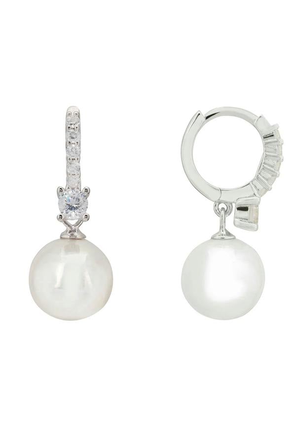 Pair of pearl earrings with silver and diamond accents on a white background