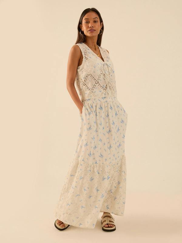 Rose & Nancy Nell White Cotton Printed Floral Lace Maxi Skirt