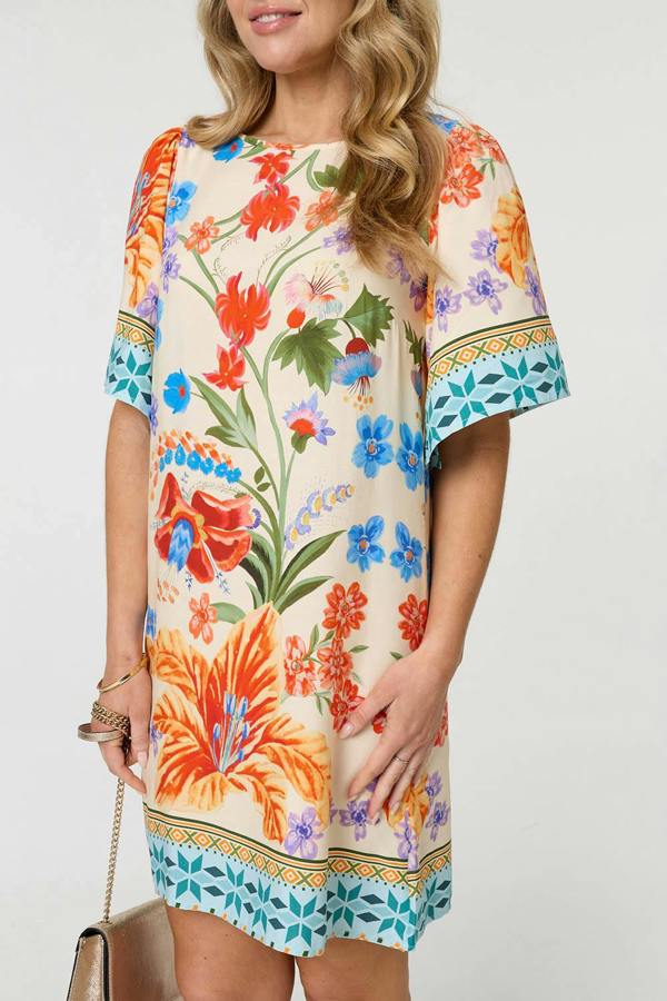 Orange | Floral Border Print Short Shift Dress