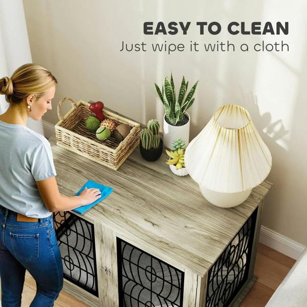 Grey pet crate end table with wipe-clean style surface and black wire door panels