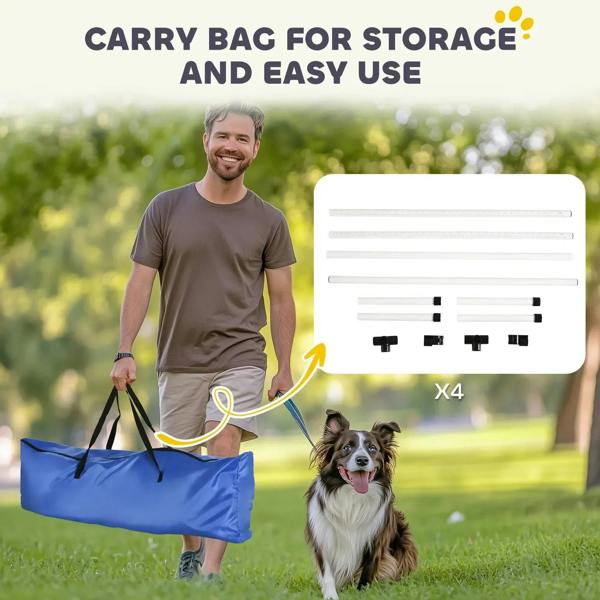 Blue carry bag with white adjustable dog agility hurdle parts for storage and travel