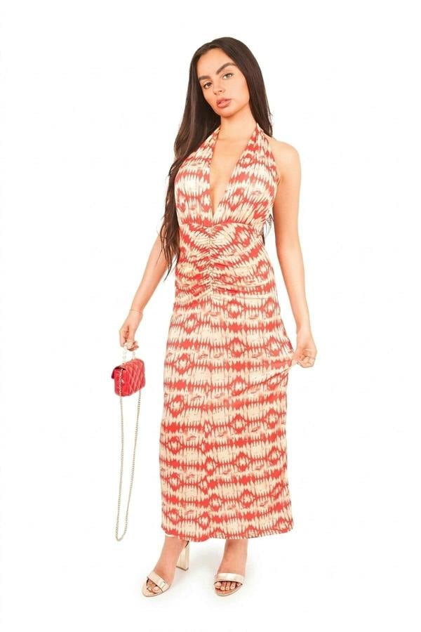Seraya Halter Neck Ruched Abstract Print Midi Dress - Red_wb