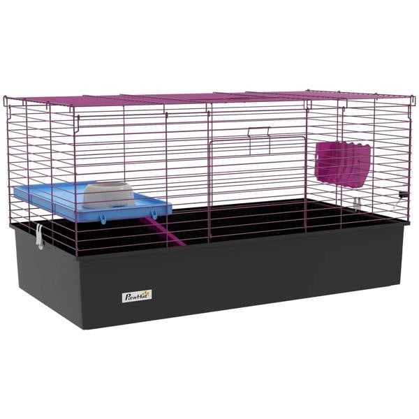 Small animal cage with wire top, two levels, ramp, and black base, includes platform