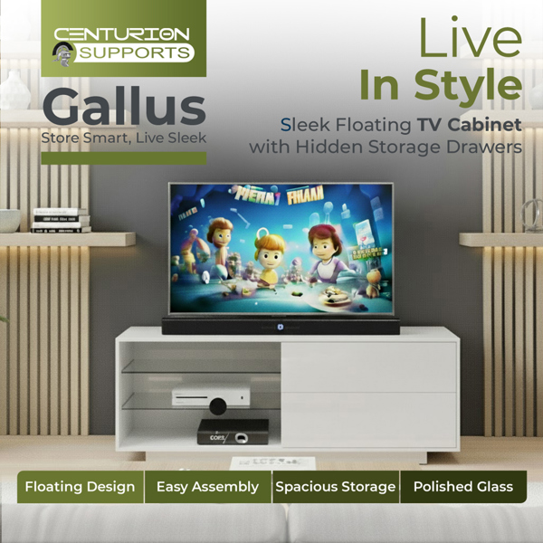 Centurion Supports Gallus Gloss White TV Stand with 2 Drawers and 3-Shelves Modern Entertainment Unit for TVs up to 55 Inch