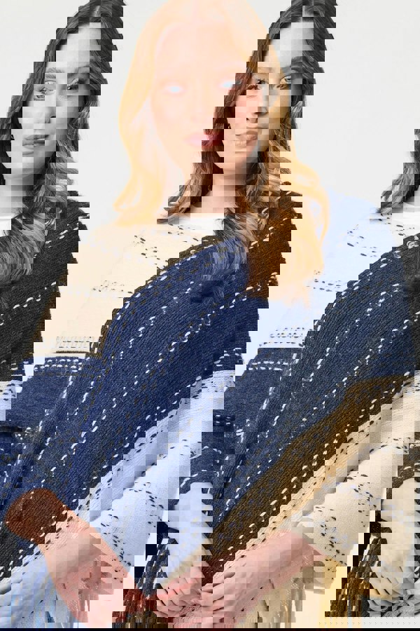 Blue | Striped Tassel Trim Oversized Poncho
