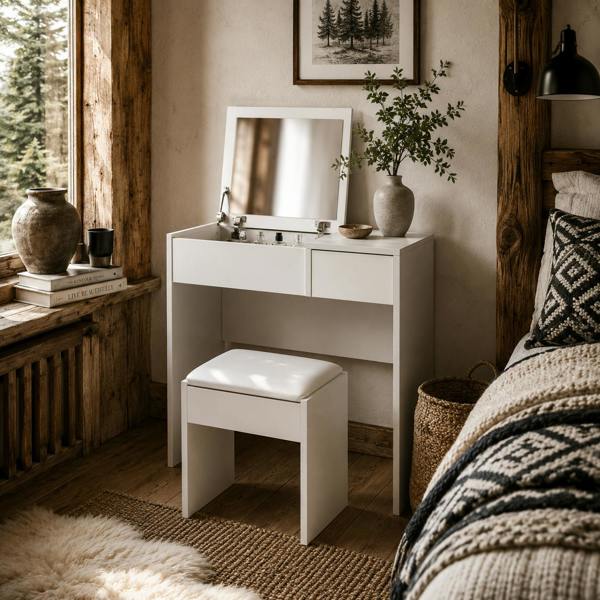 Wyld Haus Firazzi White Vanity Desk With Flip Mirror Drawer Storage And Cushioned Stool