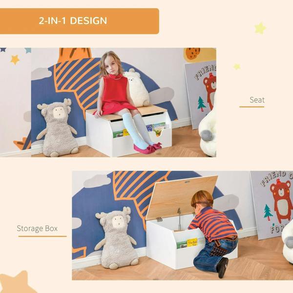 White kids storage box with hinged lid; 2-in-1 design includes seat and storage