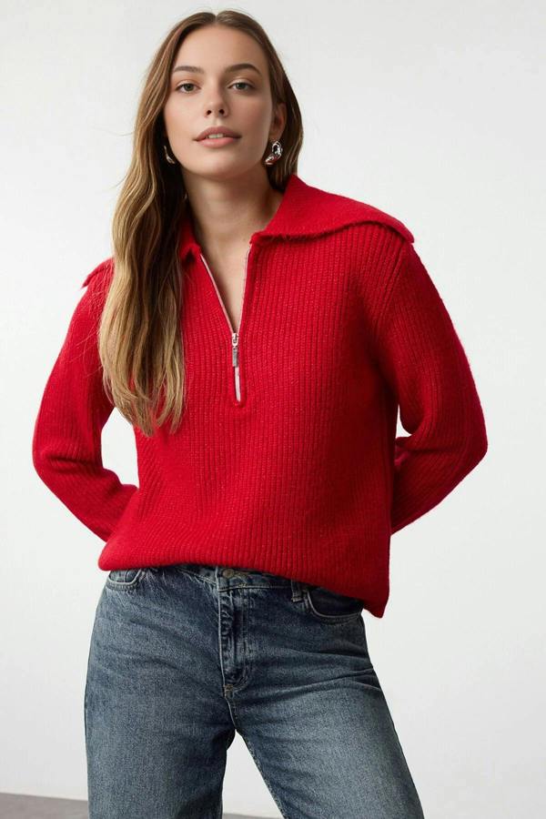 WOVCOR Oversize Polo Collar Knit Sweater with  Zipper Detail
