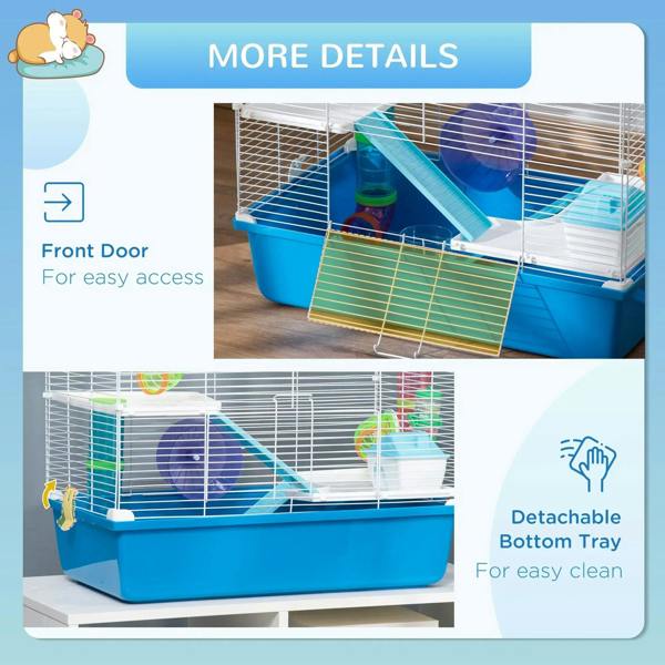 Hamster cage with front door access and detachable bottom tray for easy cleaning