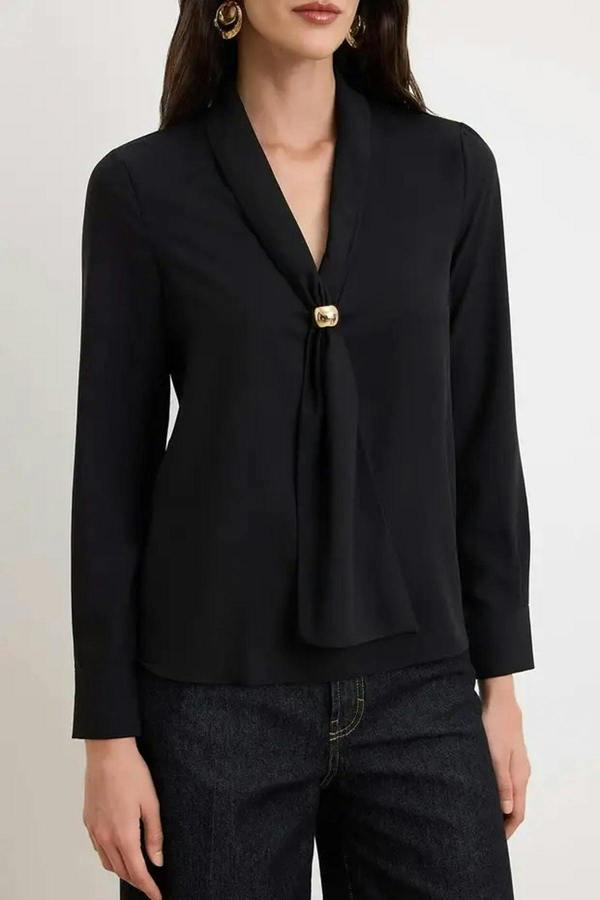 WOVCOR Fular Neck Accessory Detail Long Sleeve Satin Blouse