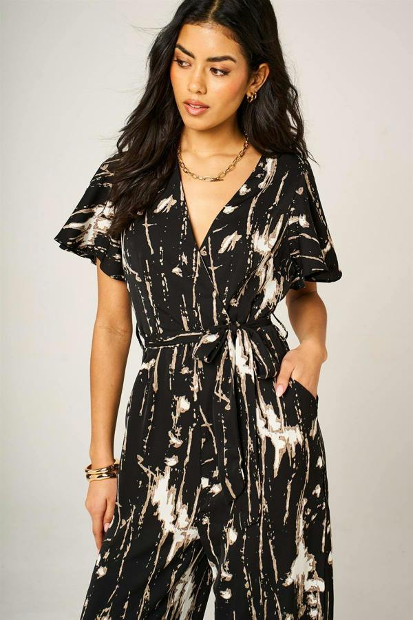 FS Collection Bleach Effect Print Wrap Top Jumpsuit In Black
