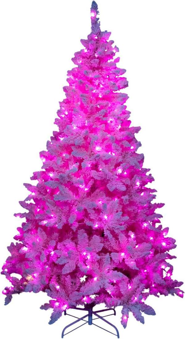 4ft to 8ft Pre-Lit Pink Flocked Christmas Tree with Snowy Finish and Built-In LED Lights image 1