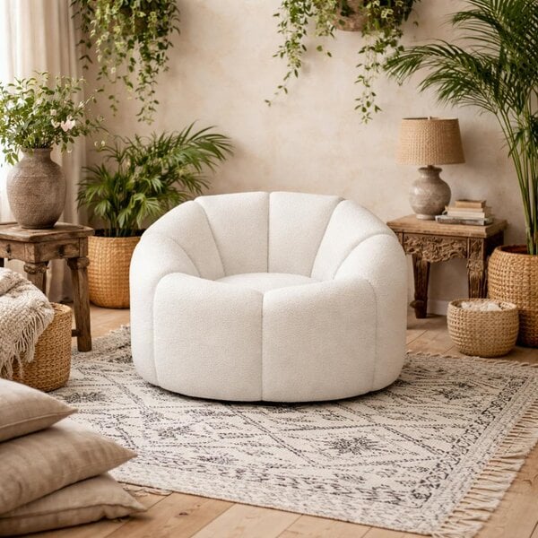 Wyld Haus Juniper Retro Upholstered Ivory Boucle Swivel Armchair