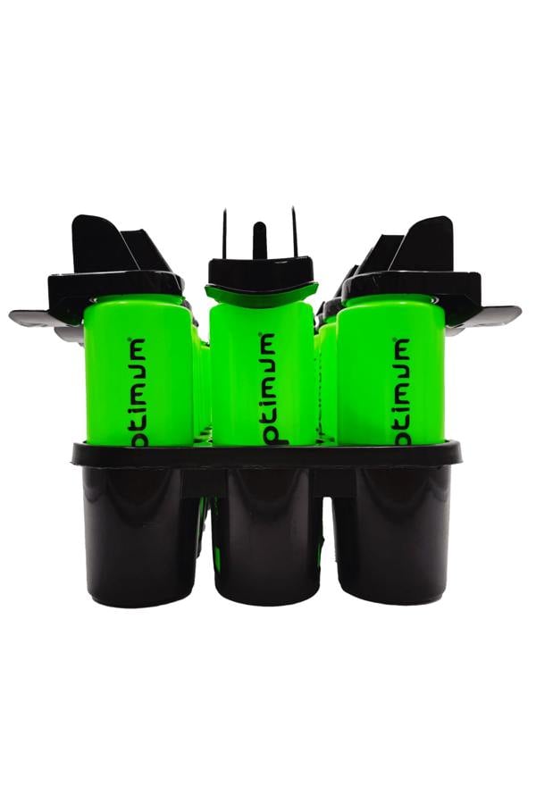 Black Optimum carrier holding green water bottles with black caps, side view - Optimum