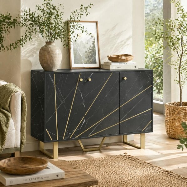 Wyld Haus Suno Black Marble Effect Sideboard Golden Metal Legs 3 Doors