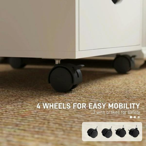 White cabinet base with four caster wheels, including two with brakes