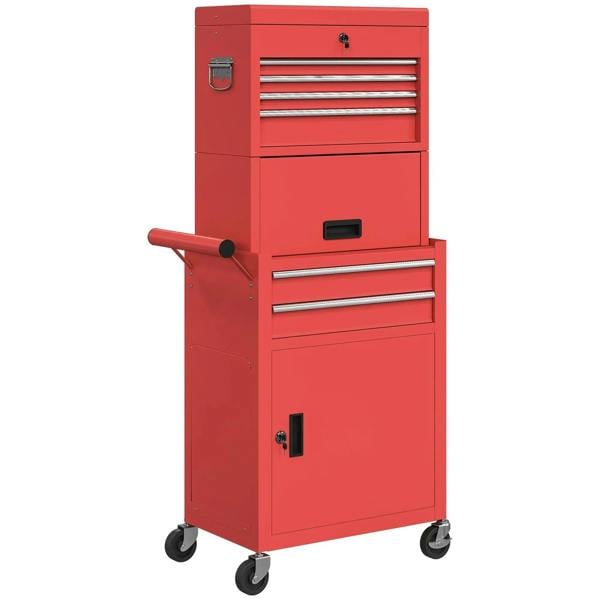 Red steel locking tool chest with top drawer, lower cabinet, and rolling wheels