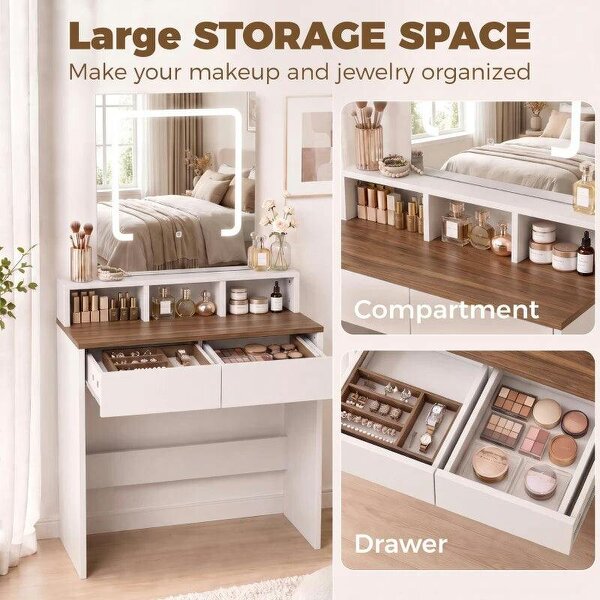 Vanity Table, Dressing Table with Mirror, LED Lights, 2 Drawers, 3 Compartments, Colour Changing, Walnut Brown and White