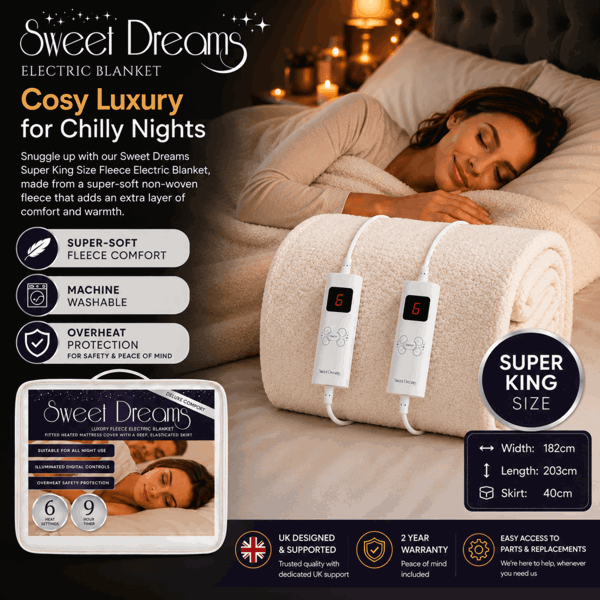 Sweet Dreams Luxury Fleece Electric Blanket Superking Size, Machine Washable Underblanket, Digital Control, Overheat Protection