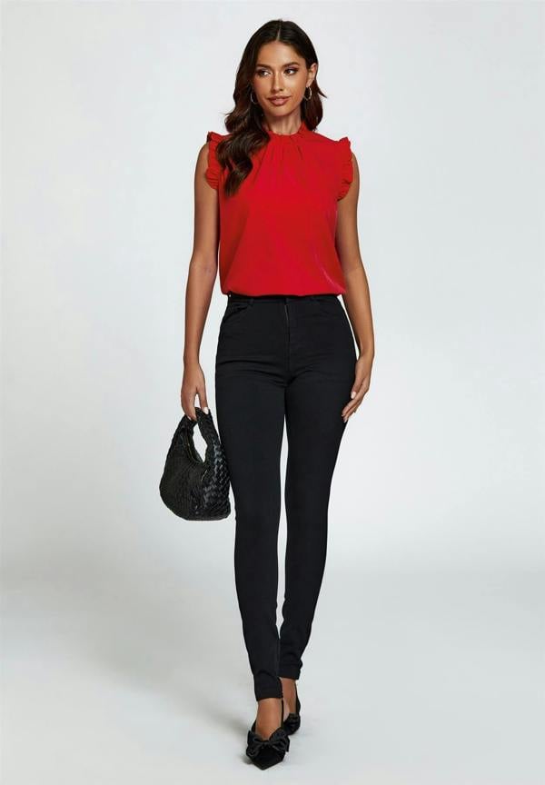 FS Collection Frill Trim Sleeve Frill Neck Blouse Top In Red