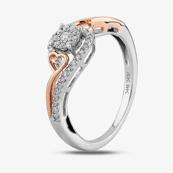 T. H. Baker 9ct Two Tone Gold 0.20ct Diamond Open Heart Cluster Ring TH012537R