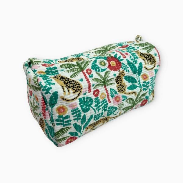 Hayley & Co Little Leopard Cotton Washbag, Make Up Bag, Pencil Case with Waterproof Lining - Little Leopards Print in Greens