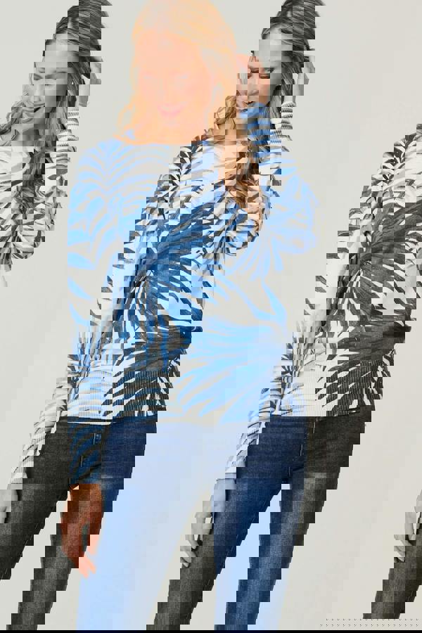 Blue | Leaf Print Slim Batwing Sleeve Jumper