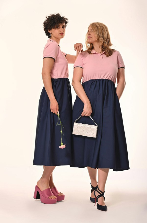 Frock Tales Marina Polo Midi Dress - Pink And Navy