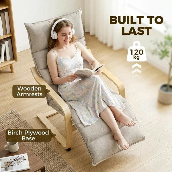 Curved Wooden Accent Chair, Armchair with Adjustable Footrest, Light Brown