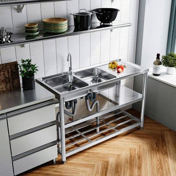 Steel Two Compartment Sinks with Shelves and Drainboard Living and Home