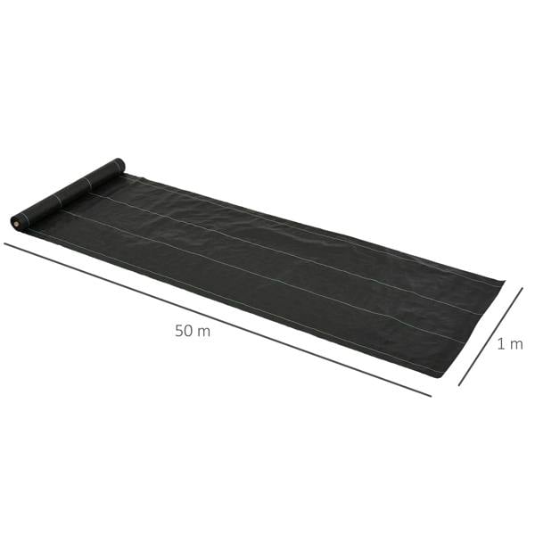 Black weed control membrane ground cover with green guide lines, rolled edge
