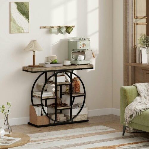 Wyld Haus Reyore Metal And Wooden Rustic Brown Industrial Console Table With OFauxn Shelving