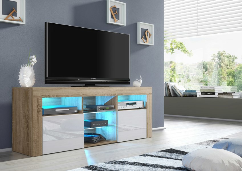 Mex Furniture Stylish 145cm Modern TV Unit with White Gloss Doors, Cabinet Sideboard and LED