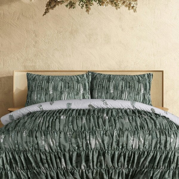 Smart Living Reversible Polycotton Fern Rouched Duvet Cover and Pillowcase Set