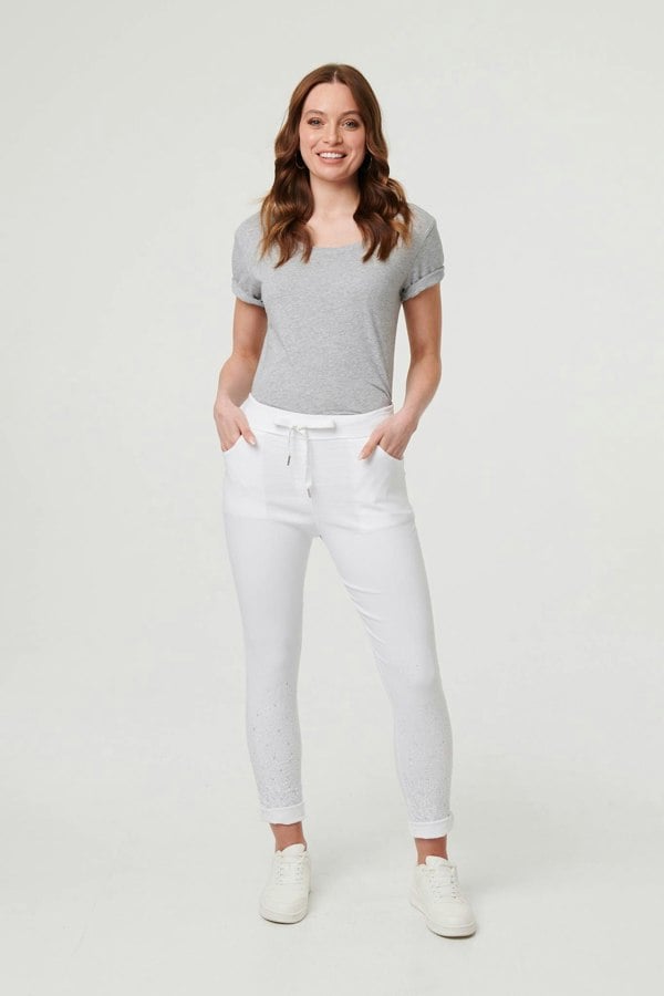White | Diamante Detail Slim Cropped Trousers
