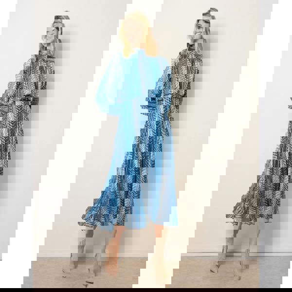 Blue Vanilla Zig Zag Metallic High Neck Puffball Pleated Dress