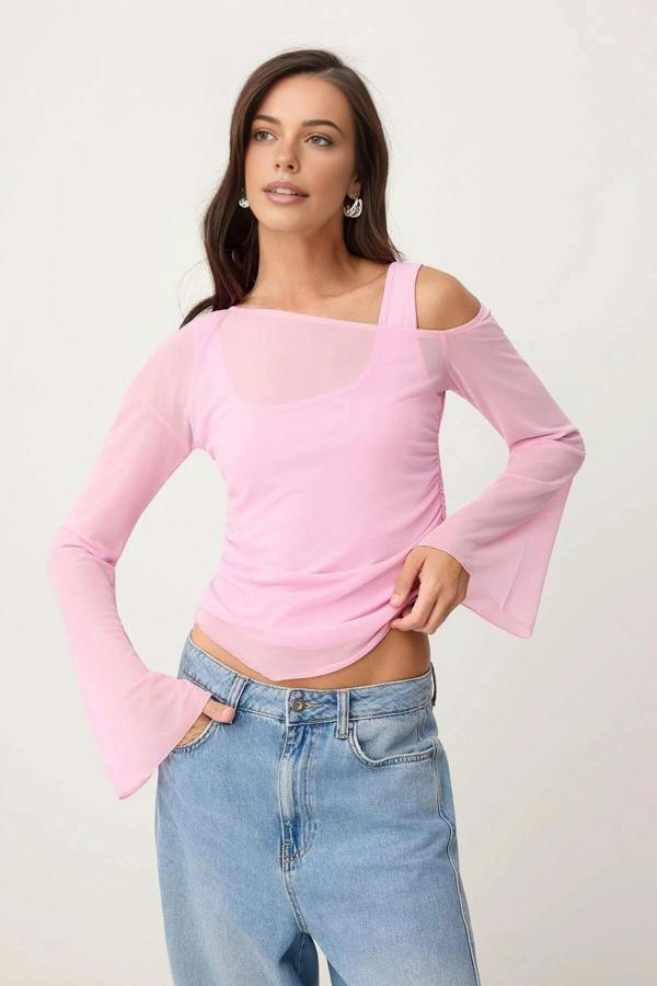 WOVCOR Fitted Asymmetric Neck Long Sleeve Ruched Mesh Blouse
