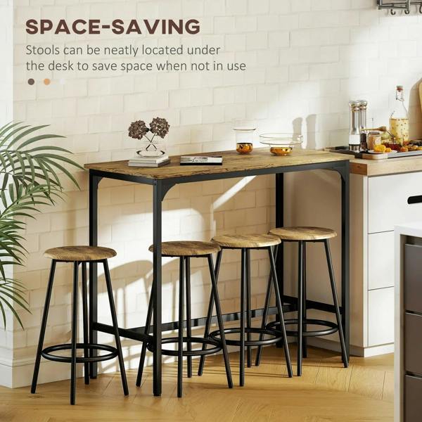 Industrial bar table set with rustic brown top and four black stools