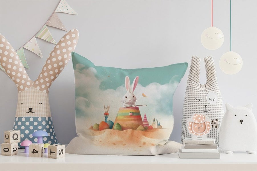 Warren Reed White Rabbit On A Beach Holiday Cushions